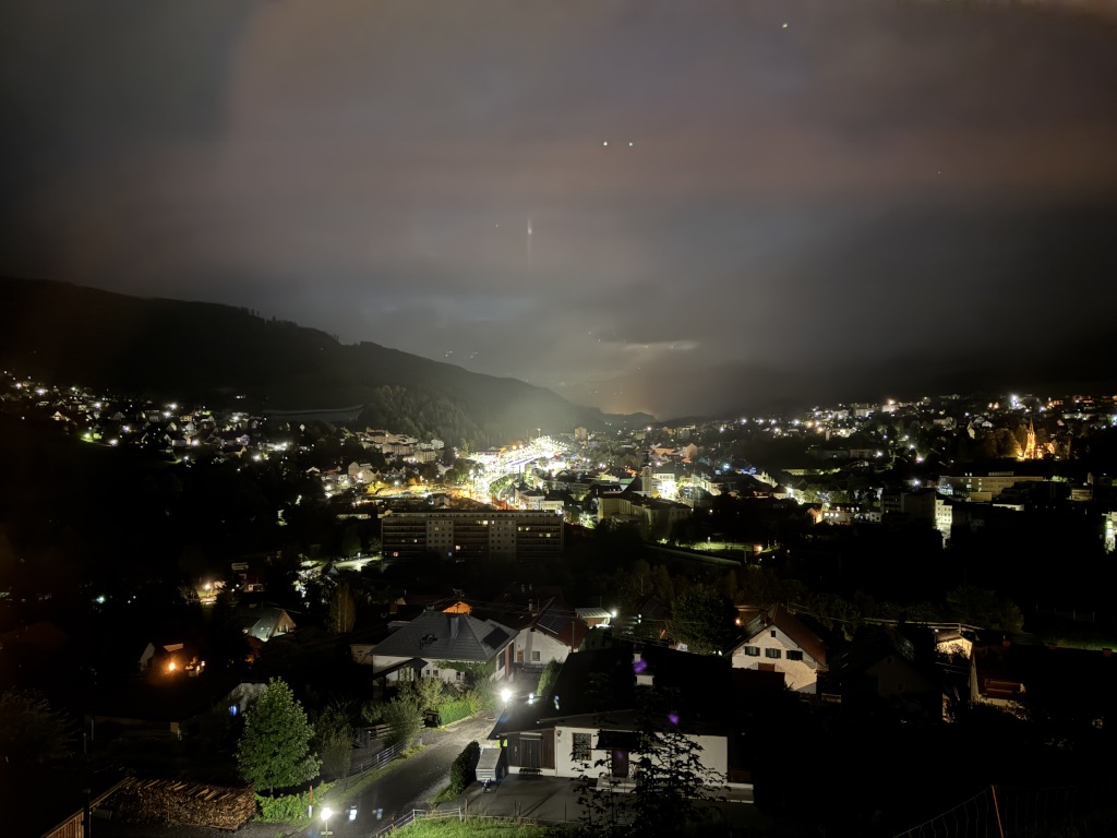 View of Mürzzuschlag from up on the mountain at night