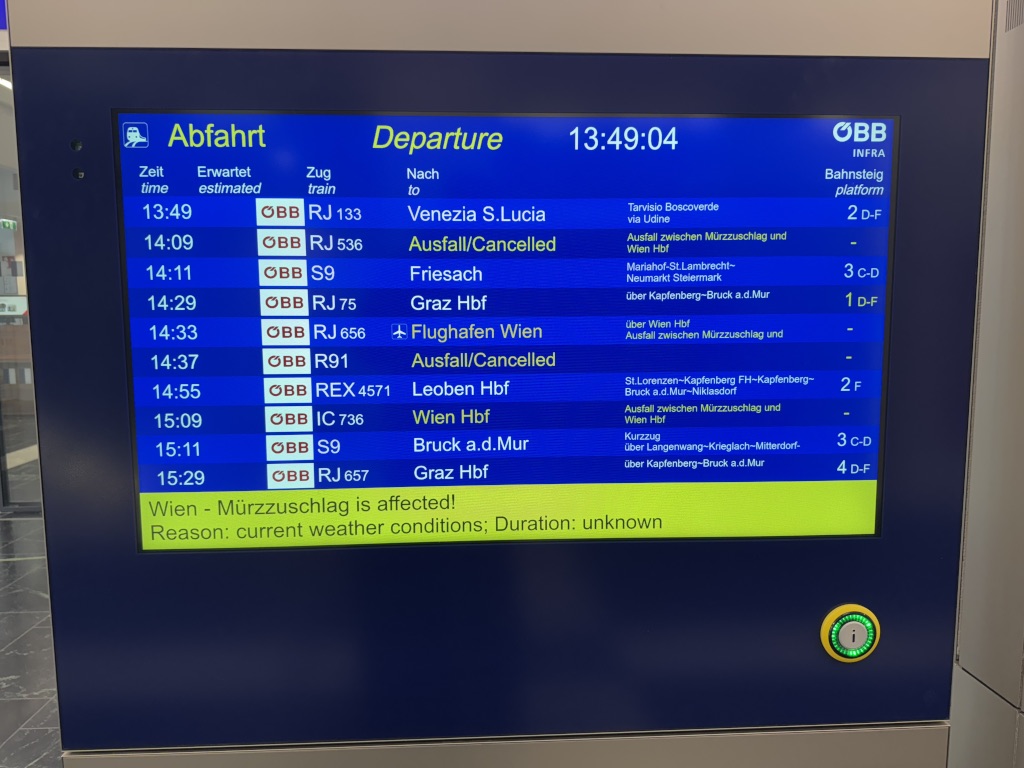 The departures board at Mürzzuschlag station